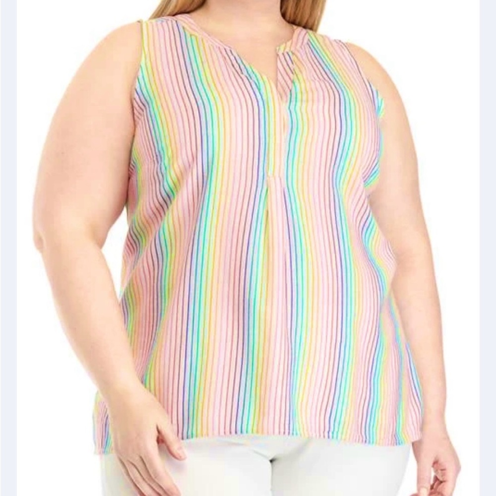 Crown & Ivy Bright Pastel Rainbow Vertical Stripes Sleeveless V Neck Blouse XXL